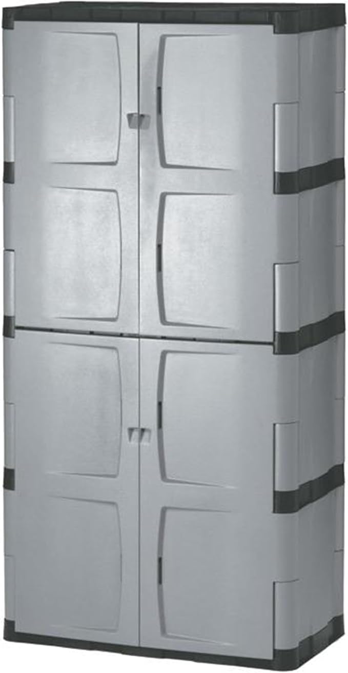 Rubbermaid Freestanding Storage Cabinet Five Shelf with Double Doors Lockable Large 690-Pound Capacity Gray For Garage/Outdoor Garden Tools/Toys/Power Tools/Pool Accessories Grey