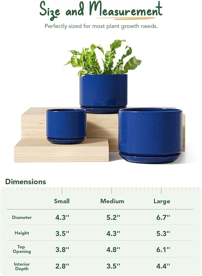 LE TAUCI Ceramic Plant Pots, 4.3+5.3+6.8 inch, Set of 3, Planters with Drainage Hole and Saucer, Indoor Flower Pot with Hole Mesh Pad, Gifts for Mom, Sapphire Blue