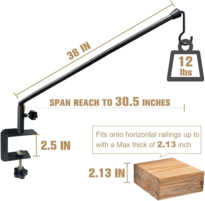 38 Inch Extended Reach Deck Hook Hanger for Railing, Heavy Duty Outdoor Plant Hook Holder for Hanging Bird Feeder Flower Basket Planter or Lanterns, 2 Packs