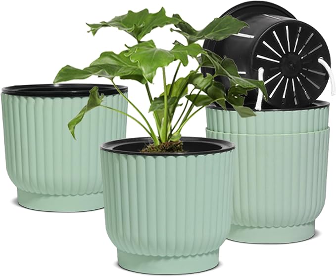 T4U 7 Inch Self Watering Pots for Indoor Plants, 4 Pack Plant Pots, Self Watering Planter for Indoor Plants, Durable Plastic Pots (4 Pack, 7", Green)