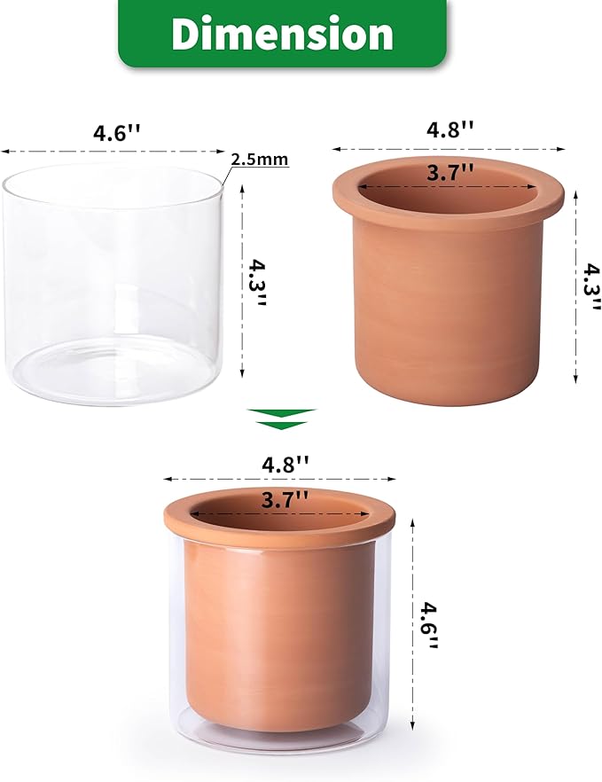 Phoenix Vine 4 Inch Self Watering Plants Pot, Design Terracotta Pot for Plants, Indoor Cylinder Terra Cotta Planter with Glass Vase, Set of 4, 51-A-E-4