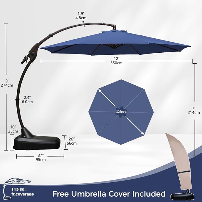 Grand patio 12FT Outdoor Offset Umbrella with Base & Cover Patio Aluminum Round Cantilever Umbrella for Garden Deck Poolside (Navy Blue, 12 FT)