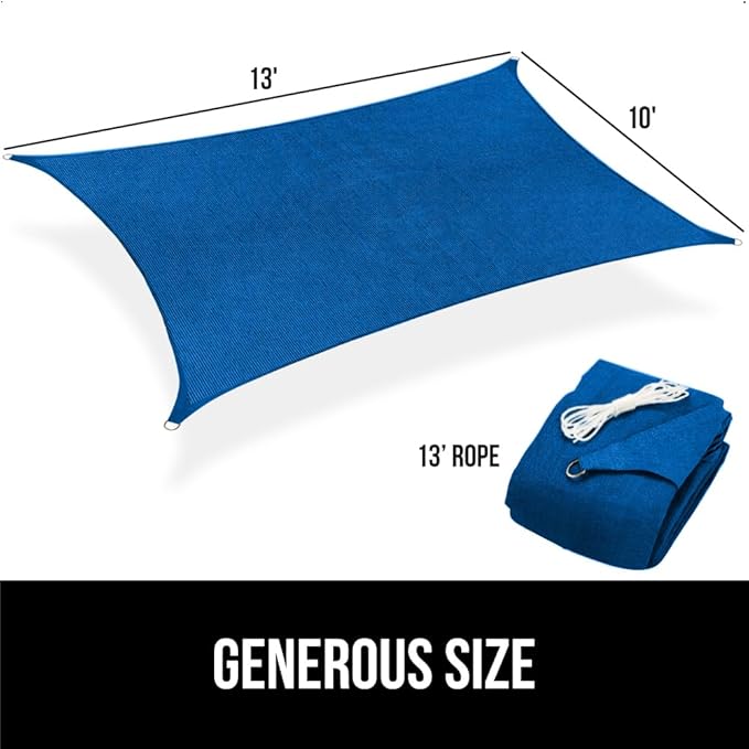 GORILLA GRIP Heavy Duty Sun Shade, UV Protection Fade Tear and Rust Resistant Rectangle Sunshade Canopy, Curved Edges Blocks Sunlight, Breathable Sail, Outdoor Patio, Lawn Garden 10x13 FT Blue