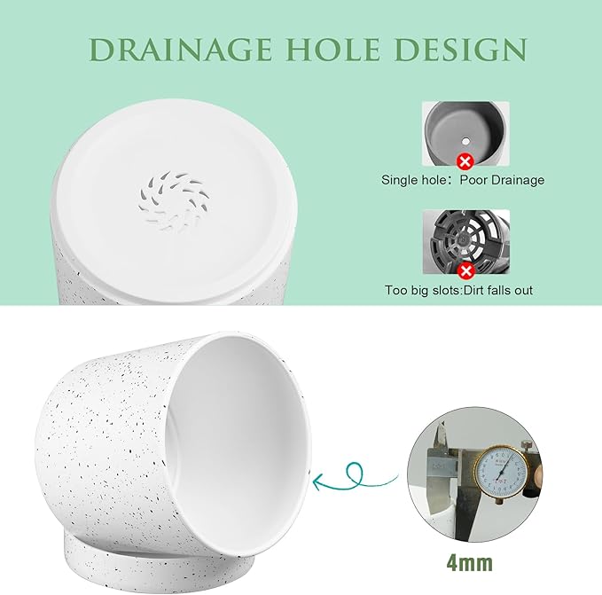 7/6.5/6/5/4 inch Plant Pots, 5 Pack Cylinder Flower Pots for Small Indoor Outdoor Plants, Plastic Planters with Drainage Holes and Saucers for Garden Succulent House Plants, Speckled White