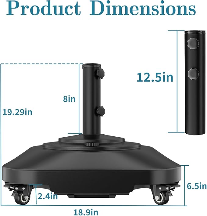 Umbrella Base,Heavy Duty Umbrella Stand with 5 Wheels, Max 135lb Fillable Umbrella Holder Wind-Resistant, Mobile Square Market Stand for Outdoor, Deck, Poolside, Lawn (19)