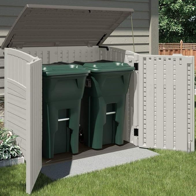 Suncast 3 Pack 34 Cu Ft Capacity Horizontal Outdoor Storage Shed for Garbage Cans, Garden Accessories, Backyard, and Patio Use, Vanilla