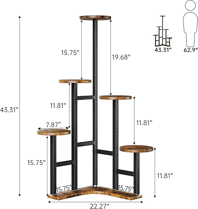 Corner Plant Stand Indoor, 6 Tiered Corner Plant Shelf Flower Stand for Multiple Plants, Plant Shelves Organizer Rack for Living Room, Balcony, Patio, Garden, Round Rustic Brown