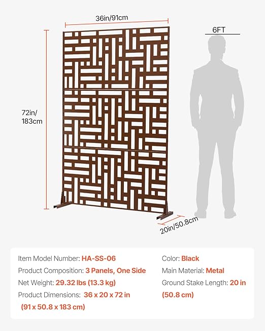 VEVOR Metal Privacy Screen, 36" W x 72" H, Outdoor Privacy Screens & Panels, Freestanding Outdoor Divider with Stand, 3-Panel Decorative Garden Steel Privacy Fence for Balcony Patio Indoor Room Brown