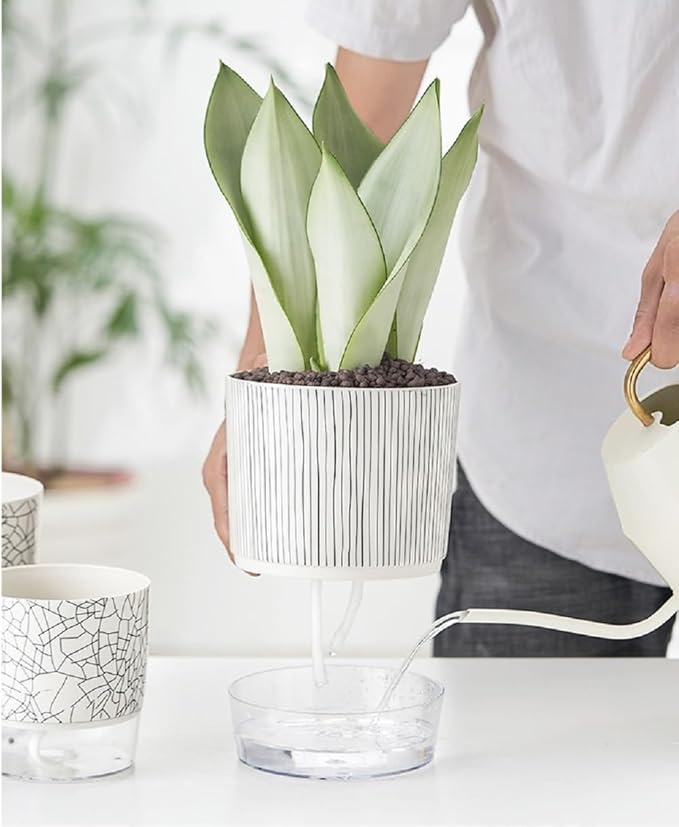 Self Watering Pots for Indoor Plants, Flower Pots, Self Watering Plant Pot-2pcs 4+5.3inch Black Stripes