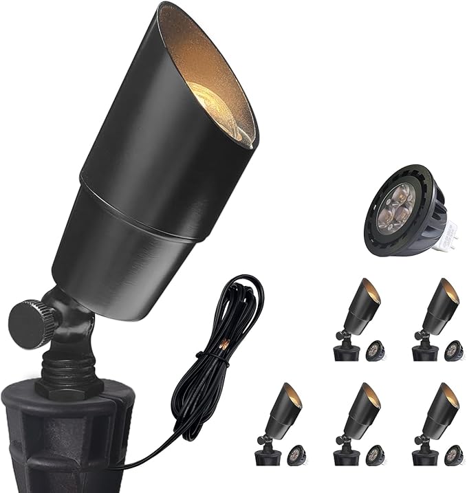 COLOER Brass Low Voltage Landscape Spotlight(Black) 6-Pack with 5W Aluminum Housing MR16 LED Bulb 2700K 450LM CRI85+,12V AC/DC Outdoor Uplighting, Directional Garden Patio Spot Up Light(101B-Black)