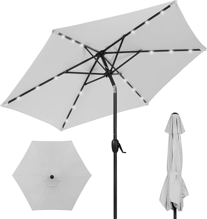 Best Choice Products 7.5ft Outdoor Solar Market Table Patio Umbrella for Deck, Pool w/Tilt, Crank, LED Lights - Fog Grey