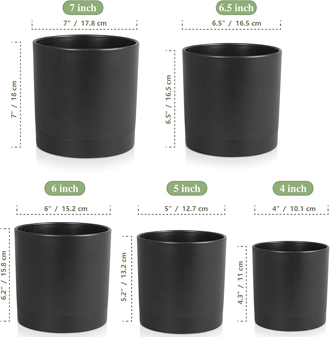 7/6.5/6/5/4 inch Plant Pots for Small Indoor Outdoor Plants, 5 Pack Cylinder Flower Pots with Drainage Holes and Saucers, Plastic Planters for Garden Succulent House Plants, Black