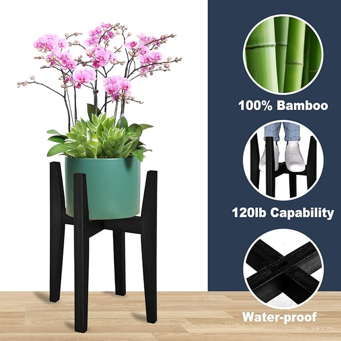 OERGKE Adjustable Plant Stand Indoor, Bamboo Mid Century Modern Plants Stands, Corner Flower Holder for Living Room, Fits 8 to 12 Inches Pots, (Pot & Plant Not Included)(Black, 1 Pack)