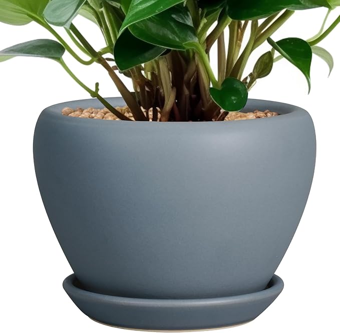 Ceramic Pot for Plants - 6 Inch Plant Pot Indoor with Drainage Hole and Saucer Decorative Planter for Outdoor Plants Modern Succulent Pots Round Flower Pots Gray