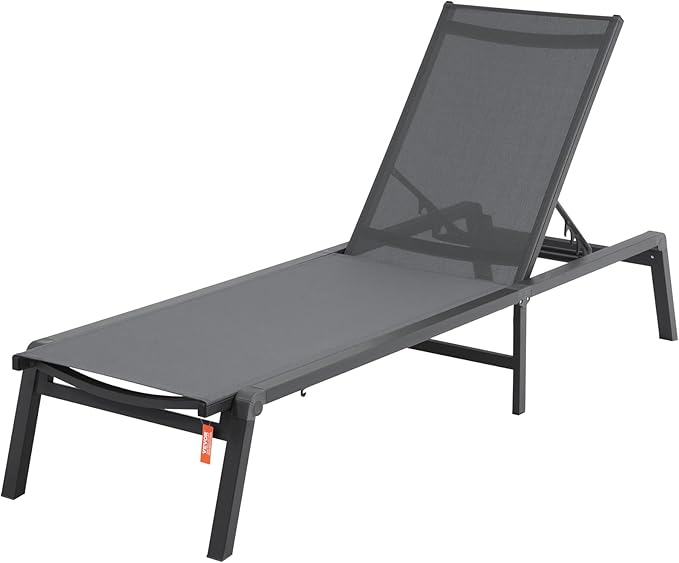 VEVOR Chaise Lounge Chair Outdoor, Aluminum Patio Lounge Chairs with Adjustable 5-Position, Folding Pool Chair Recliner and Full Flat Tanning Chairs for Patio, Beach, Pool, Dark Grey