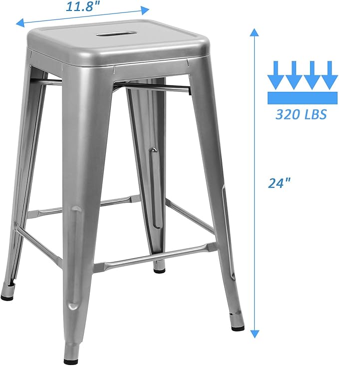 Devoko Metal Bar Stools 24" Indoor Outdoor Stackable Barstools Modern Style Industrial Vintage Counter Bar Stools Set of 4 (24 inch, Silver)