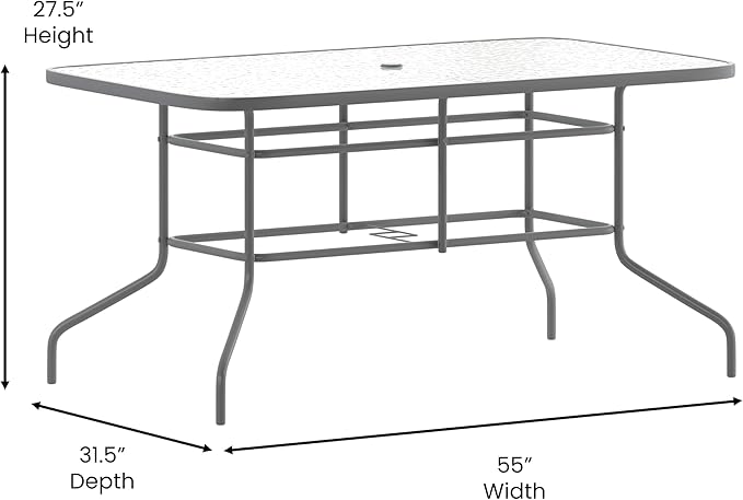 Flash Furniture Tory 31.5" x 55" Rectangular Tempered Glass Metal Table with Umbrella Hole, Silver