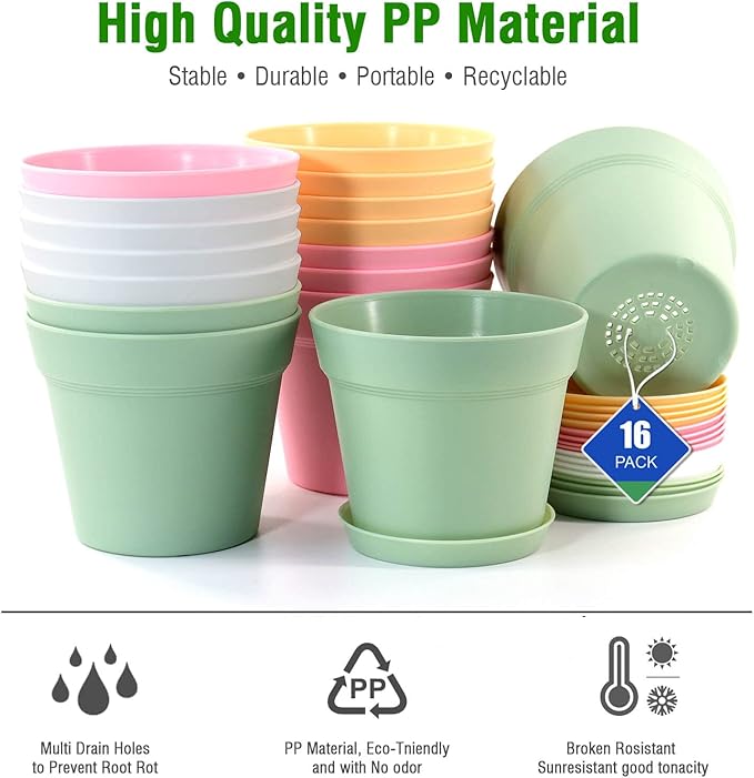 WOUSIWER 16 Pack 6 inch Plastic Planters, Indoor Flower Pots, Heavy Duty and Stylish 6 Inch Plant Pots for Indoor Plants with Drainage Holes and Tray for Plants, Flowers, Colorful