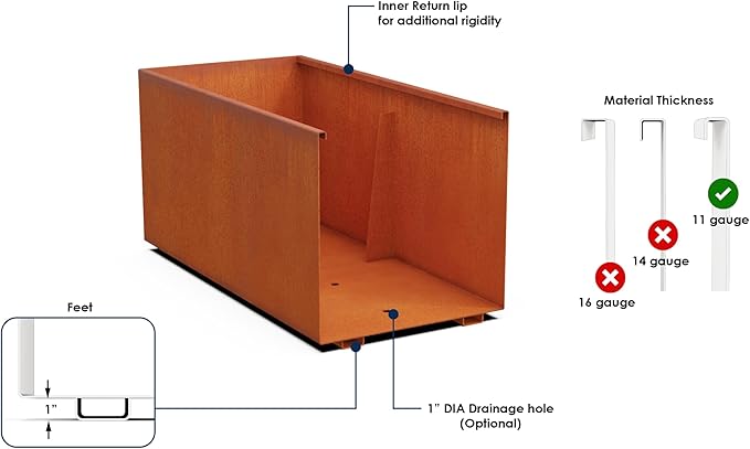 Plantercraft Large Rectangular Planters for Outdoor Plants - 72x24x30 Extra Large Corten Steel Planter Box for Patio Privacy Screen or Raised Garden Bed | 11-Gauge Heavy Duty Metal