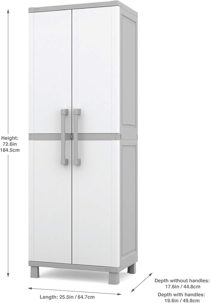 Keter Storage Cabinet with Doors and Shelves for Laundry Room, Garage, Bathroom Accessories, Closet and Home Organization, White & Grey