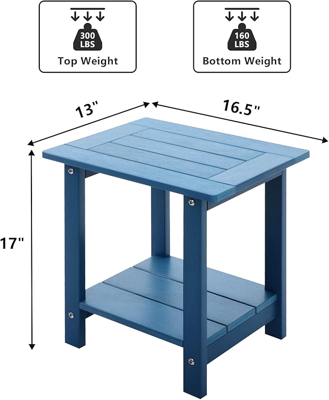 Double Adirondack Outdoor Side Table Weather Resistant, Outdoor Rectangular Patio End Table for Adirondack Chair, Dark Blue