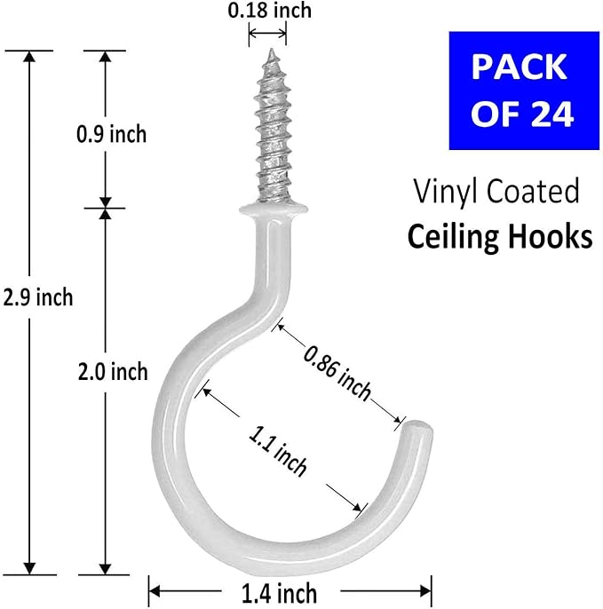 24 Pack Ceiling Hooks for Hanging Plants - 2.2 inches Heavy Duty, Hanging Hooks for Christmas Lights, Cups, Decors - Black Vinyl Coated Screw in Plant Hanger Hook Indoor and Outdoor