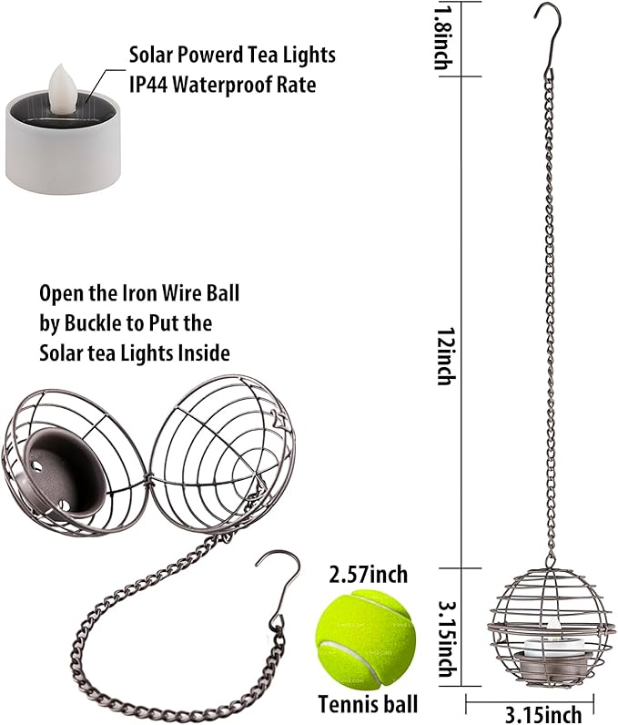 Solar Hanging Lanterns Outdoor Waterproof, Rust Iron Ball Candle Holder with Flickering Solar Powered Tea Lights, Perfect Chargeable Solar Lights for Backyard Patio Garden Fence Tree Decoration-4Pack