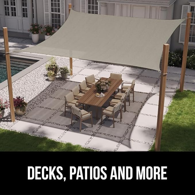 GORILLA GRIP Heavy Duty Sun Shade, UV Protection Fade Tear and Rust Resistant Rectangle Sunshade Canopy, Curved Edges Blocks Sunlight, Breathable Sail, Outdoor Patio, Lawn Garden, 8x12 FT Gray