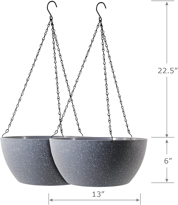 13 inch Large Hanging Planters Plant Pots for Outdoor Indoor Plants with Drainage Holes and Chain, 2 Pack Round Hanging Flower Pots for Garden Home Porch Decor, Speckled Grey