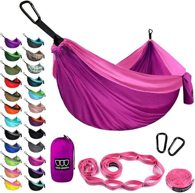 Gold Armour Camping Hammock - XL Double Hammock Portable Hammock Camping Accessories Gear for Outdoor Indoor with Tree Straps, USA Based Brand (Fuchsia and Pink)