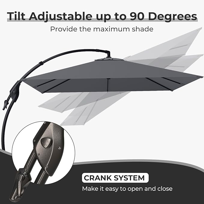 Grand patio Sunbrella 10x10 FT Cantilever Umbrella with Base Included Patio Square Aluminum Offset Umbrellas for Outdoor Pool (Charcoal, 10X10 FT-SUNBRELLA)