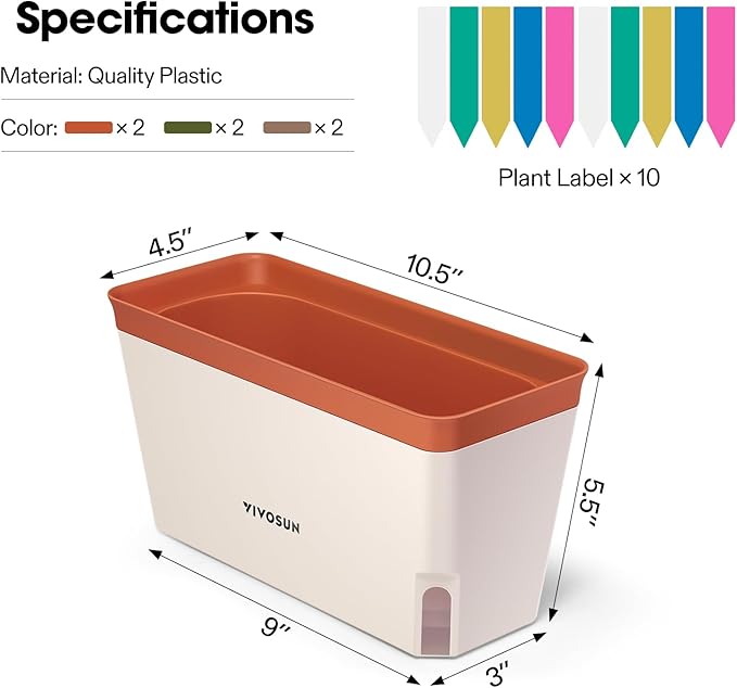 VIVOSUN Self-Watering Planters, 6-Pack 10.5 Inch Compact Rectangular Window Herb Planter Box with 10 PCS Plant Labels, Plant Container for Basil, Flowers, Succulents, Indoor & Outdoor
