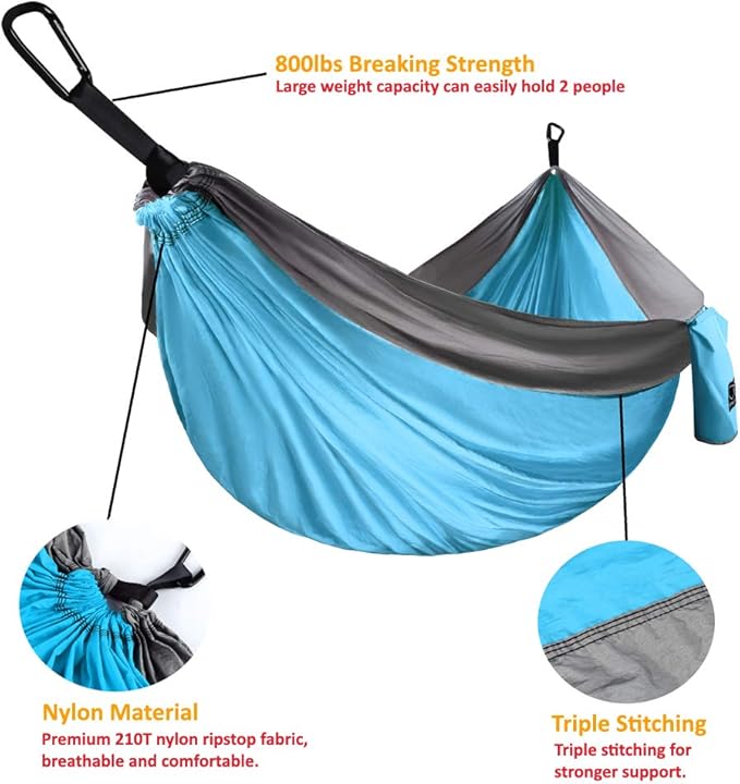 Gold Armour Camping Hammock - XL Double Hammock Portable Hammock Camping Accessories Gear for Outdoor Indoor with Tree Straps, USA Based Brand (Sky Blue and Gray)