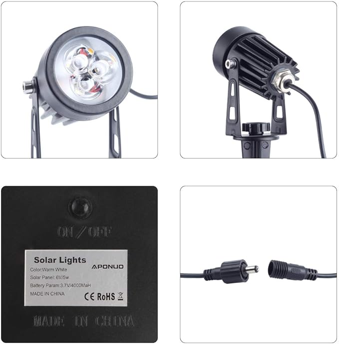 APONUO Solar Spotlights Landscape Lights Low Voltage Outdoor Solar Spotlight IP65 Waterproof 9.8ft Cable Auto On/Off with 4 Cool White for Outdoor Garden Yard Landscape Downlight (4-in-1)