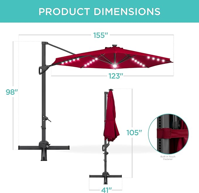 Best Choice Products 10ft Solar LED Cantilever Patio Umbrella, 360-Degree Rotation Hanging Offset Market Outdoor Sun Shade for Backyard, Deck, Poolside w/Lights, Easy Tilt, Cross Base