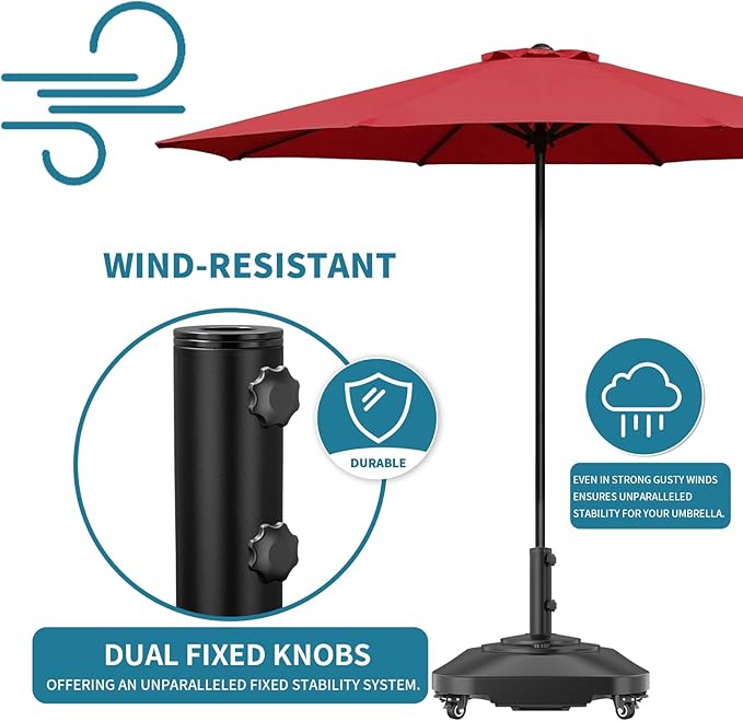 Umbrella Base,Heavy Duty Umbrella Stand with 5 Wheels, Max 135lb Fillable Umbrella Holder Wind-Resistant, Mobile Square Market Stand for Outdoor, Deck, Poolside, Lawn (19)