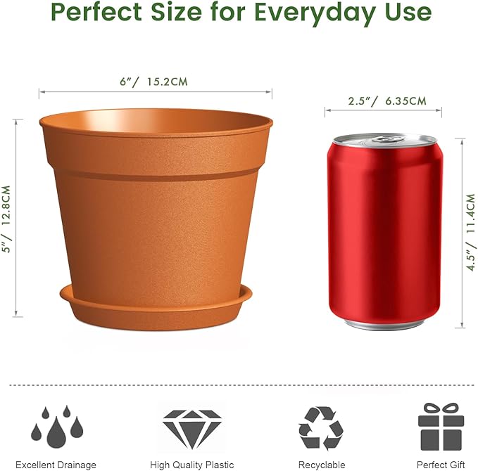 10 Pack 6 Inch Plant Pots with Drainage and Saucers, Plastic Flower Pots for Indoor and Outdoor Plants, Stackable Nursery Planters for Houseplants and Herbs, Terracotta