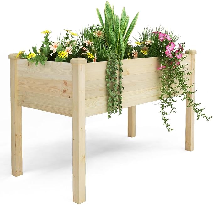 BIRASIL Outdoor Raised Garden Bed, Wood Planter Box for Vegetable Flower, Elevated Reinforced Large Garden Planters Boxes for Backyard Patio Gardening Balcony (48.5”L, Natural Wood)