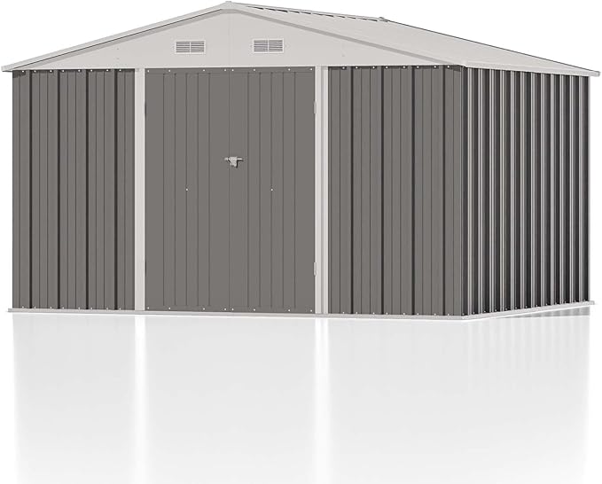 Patiowell 10 x 8 FT Outdoor Storage Shed, Large Garden Tool Metal Shed with Sloping Roof and Double Lockable Door, Outdoor Shed for Backyard Garden Patio Lawn,Grey