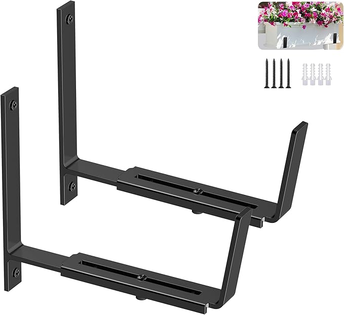 Y&M 2 Pack Adjustable Planter Box Brackets (6 to 12.5 in), Universal Window Box Brackets, Heavy Duty Iron Flower Box Wall Mounting Hooks for Balcony, Fences, Patio, and Garden - Black