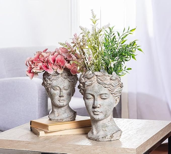 Abbott Collection Goddess Head Planter – Large Cement Indoor and Outdoor Planter Pot – Grecian Woman Statue Head Planter for Flowers and Succulents (Grey, 10" Tall, 4.5" Opening)