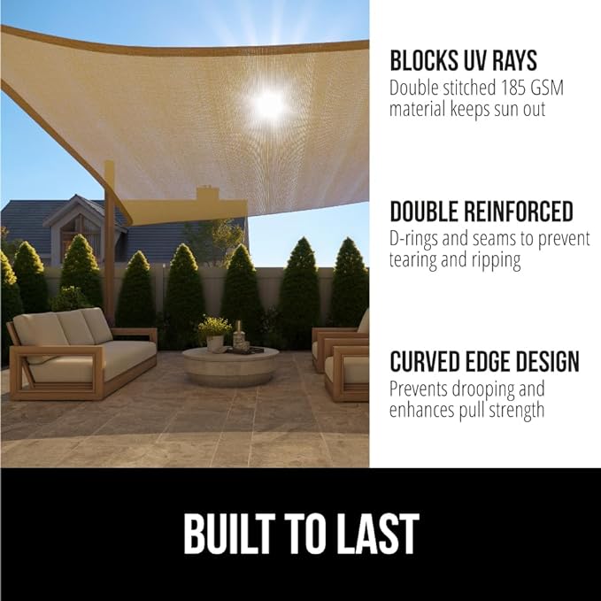 GORILLA GRIP Heavy Duty Sun Shade, UV Protection Fade Tear and Rust Resistant Rectangle Sunshade Canopy, Curved Edges Blocks Sunlight, Breathable Sail, Outdoor Patio, Lawn Garden, 6x10 FT Sand