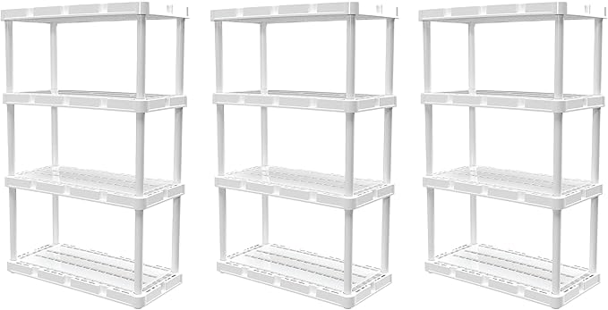 Gracious Living 3 Pack Light Duty Storage Shelves, Knect-A-Shelf 4-Shelf Ventilated Shelving Rack Organizer for Home, Garage, Basement & Laundry, White
