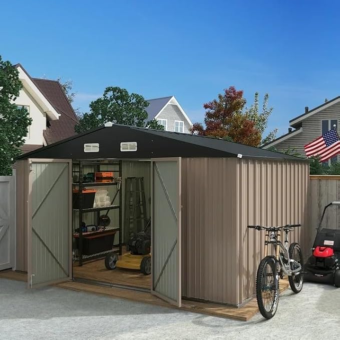 Greesum 10×10FT Outdoor Storage Shed, Metal Patio Storaged Sheds with Lockable Doors, Sheds & Outdoor Storage for Bike, Backyard, Pool and Garden, Brown