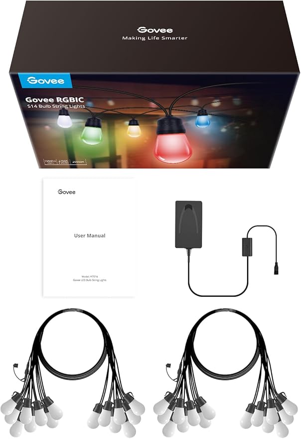 Govee Smart Outdoor String Lights H7016, 96ft RGBIC Outdoor Lights with 30 Dimmable LED Bulbs, IP65 Waterproof, Color Changing Warm White Lights with 47 Scene Modes for Patio, Backyard, App Control