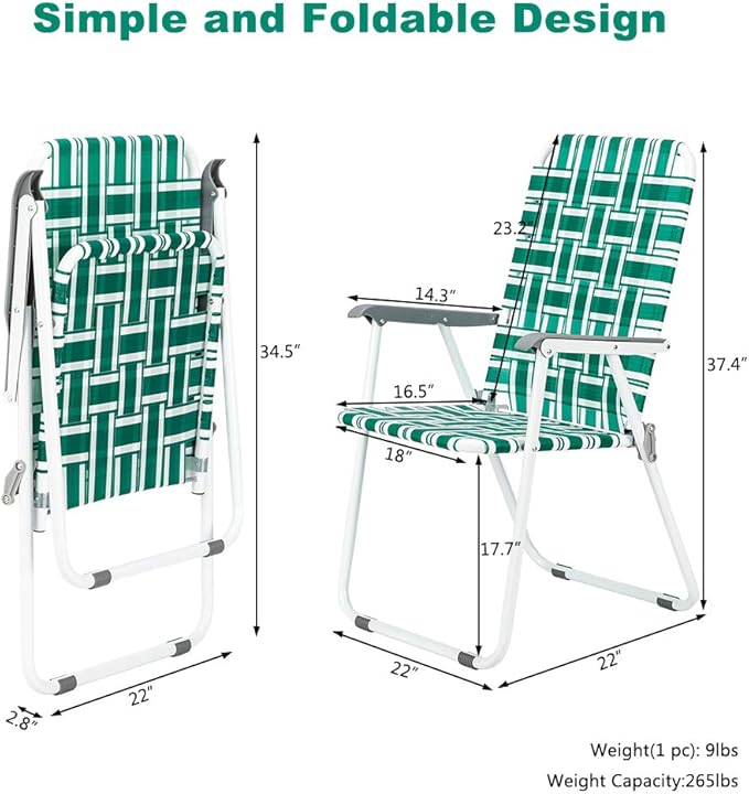 VINGLI Patio Lawn Webbed Folding Chairs1 Piece, Outdoor Beach Chair Portable Dining Chair for ir for Outdoor Yard, Garden(Green, Classic)