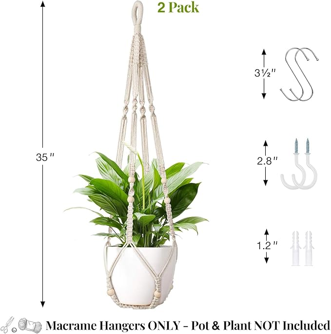 Macrame Plant Hanger Indoor Set of 2 with 4 Hooks, Indoor Outdoor Hanging Planter for Plants Holder with Decorative Wood Beads & No Tassels, Boho Home Decor, 35 Inch Ivory (Pots Not Included)