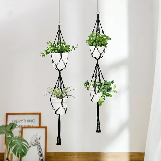 Belit 2 Pack Double Macrame Plant Hangers 2 Tier Hanging Planter Basket Decorative Flower Pot Holder Rope for Indoor Outdoor Home Decor 51 Inch, Black