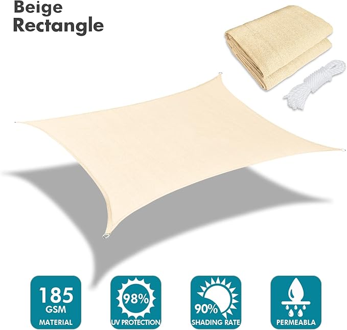 KANAGAWA 6'X8' Cream Custom Size Sun Shade Sail Rectangle UV Block Canopy Cover for Patio Backyard Lawn Garden Outdoor (Customized Available)