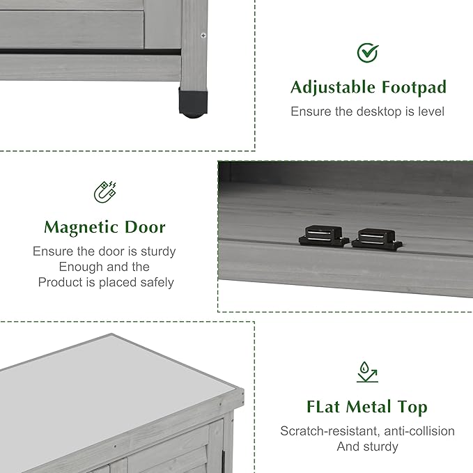 Outdoor Storage Cabinet & Potting Bench Table with Metal Top, Wooden Patio Furniture, Garden Workstation (Accent Grey, 36x31x17in)